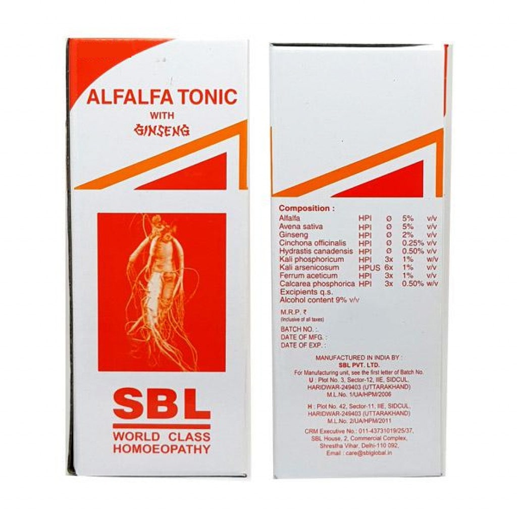 Alfalfa Tonic with Ginseng SBL use Homeopathic for Loss of appetitie weakness Fatigue debility Poor growth anxiety stress Sleeplessness Tiredness worry tension overwork Dose