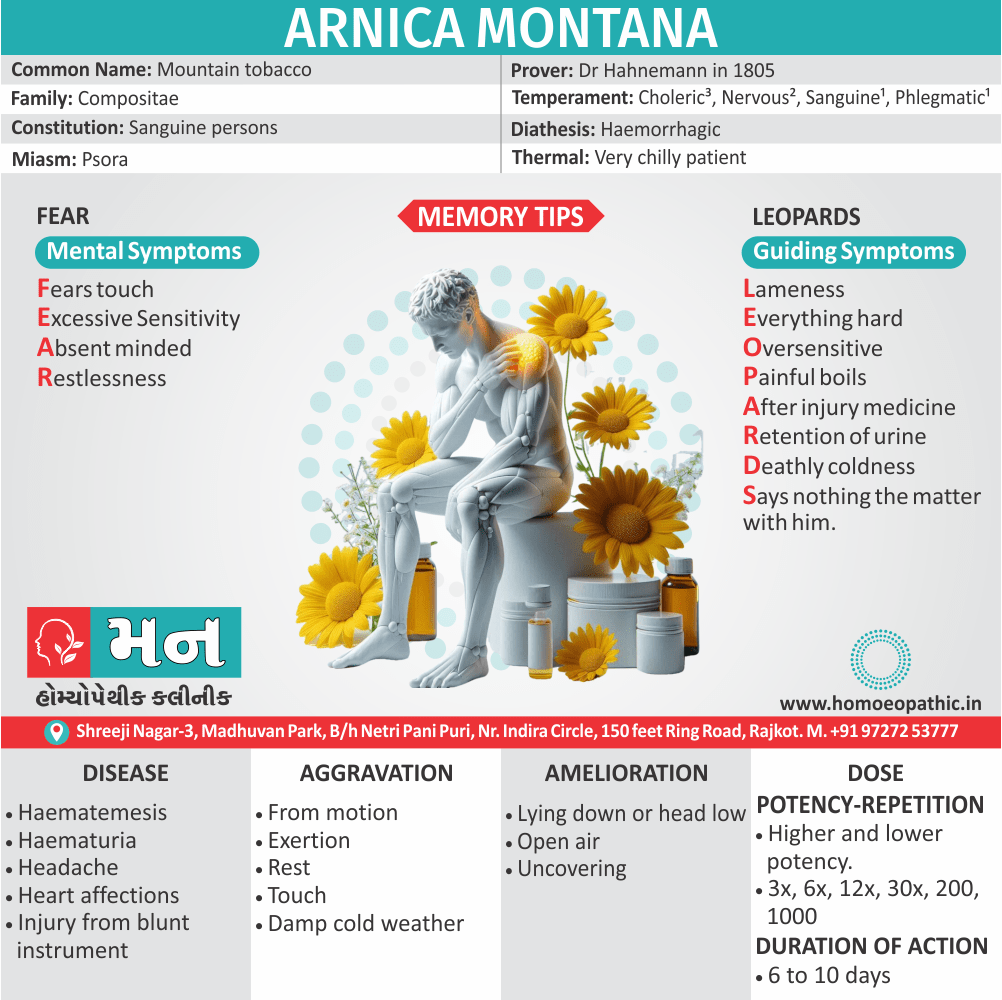 Infographic about Arnica Montana homeopathic remedy, highlighting its uses, symptoms, and benefits.