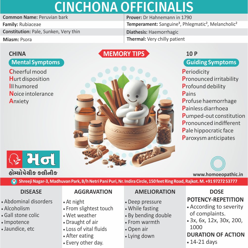 Cinchona Officinalis or China - Homeopathic Remedy Guide - Mann Homeopathic Clinic Infographic detailing the homeopathic uses of Cinchona Officinalis (China), including mental symptoms, key guiding symptoms, and physical ailments it can address. Mann Homeopathic Clinic specializes in providing homeopathic treatment using remedies like China.