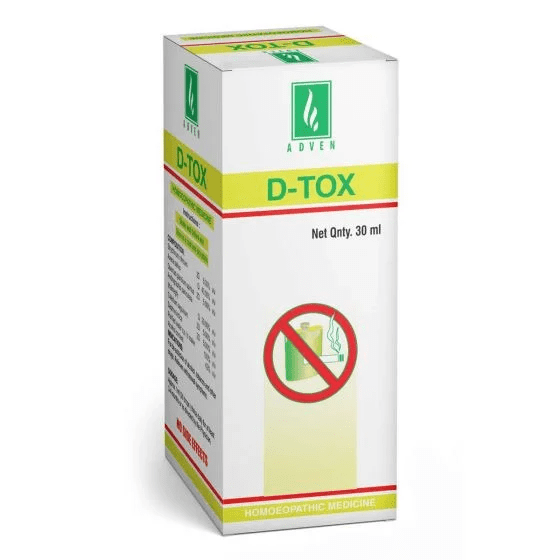 D-TOX Drops Adven 30 ml treatments of all types of addictions. Alcohol de-addiction Tobacco de-addiction Drug de-addiction Controls The withdrawal symptoms