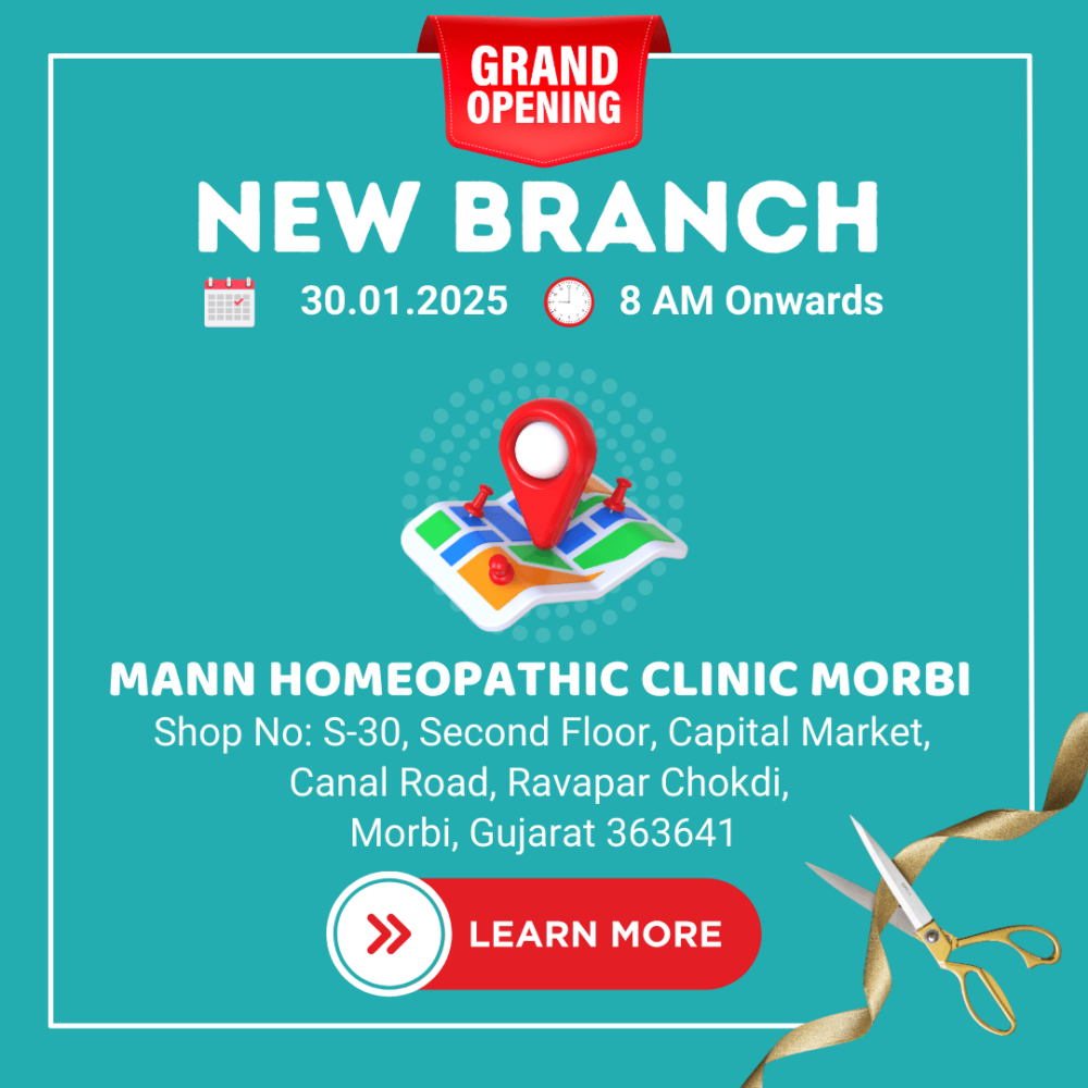 A digital flyer announcing the grand opening of Mann Homeopathic Clinic's new branch in Morbi, Gujarat, on January 30th, 2025.