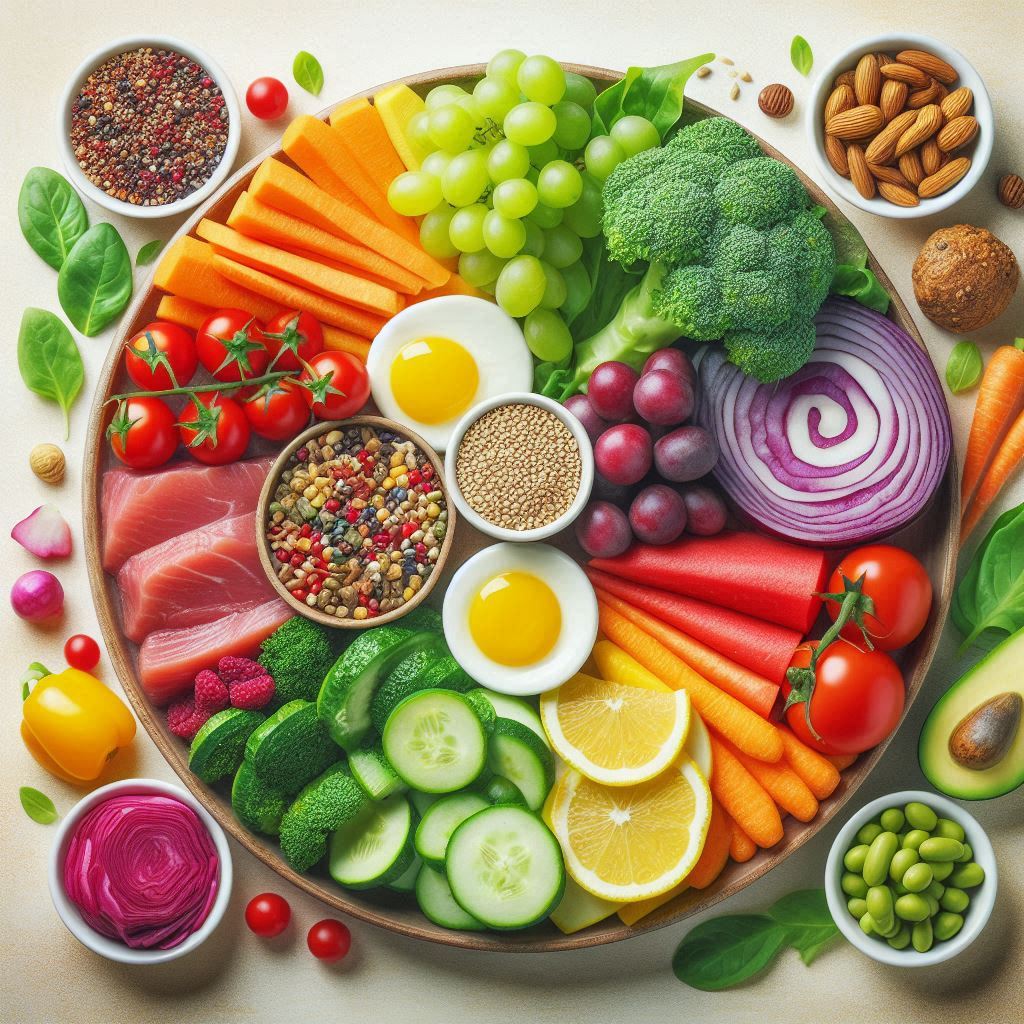 Healthy Nutrition A colorful circular arrangement of fresh vegetables, fruits, eggs, fish, nuts, and seeds on a wooden platter.