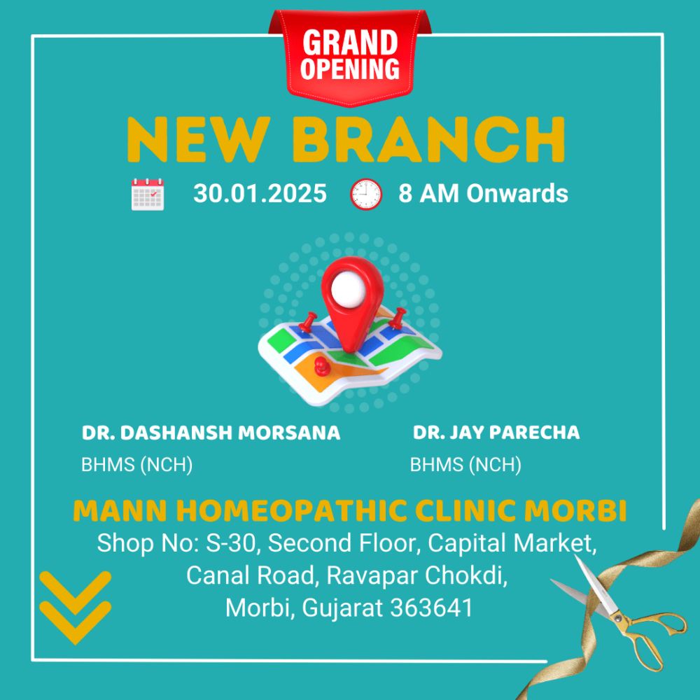 A digital flyer announcing the grand opening of Mann Homeopathic Clinic's new branch in Morbi, Gujarat, on January 30th, 2025. The flyer features Dr. Dashansh Morsana and Dr. Jay Parecha, both BHMS (NCH) qualified.