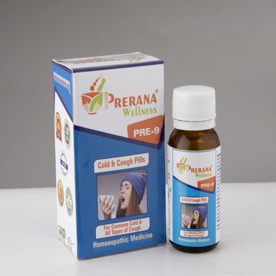 PRE 9 Cold & Cough Pills 25gm Homeopathic Medicine For Sneezing Running Nose Hoarseness Bronchitis Burning Throat Dry Cough Prerana Wellness