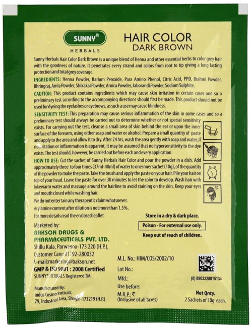 Sunny Hair Color Dark Brown Sunny Herbals Bakson Homeopathic Medicine how to use for Grey hair Control Dry thinning greying hair Control flakes itching of scalp Prevents hair fall dandruff Back