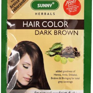 Sunny Hair Color Dark Brown Sunny Herbals Bakson Homeopathic Medicine how to use for Grey hair Control Dry thinning greying hair Control flakes itching of scalp Prevents hair fall dandruff Front