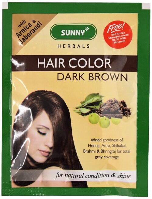 Sunny Hair Color Dark Brown Sunny Herbals Bakson Homeopathic Medicine how to use for Grey hair Control Dry thinning greying hair Control flakes itching of scalp Prevents hair fall dandruff Front